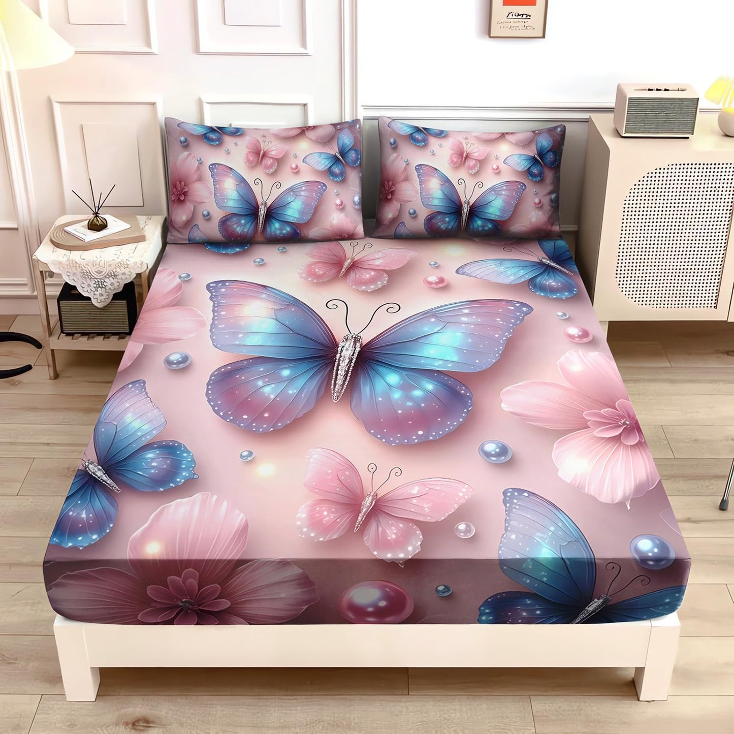 UEVBF Beautiful Blue Butterfly Fitted Sheet Set Full Size,Pink Flowers Pearl Bedding Sets for Kids Girls Toddlers Room Decor,1 Fitted Sheet+2 Pillowcases.