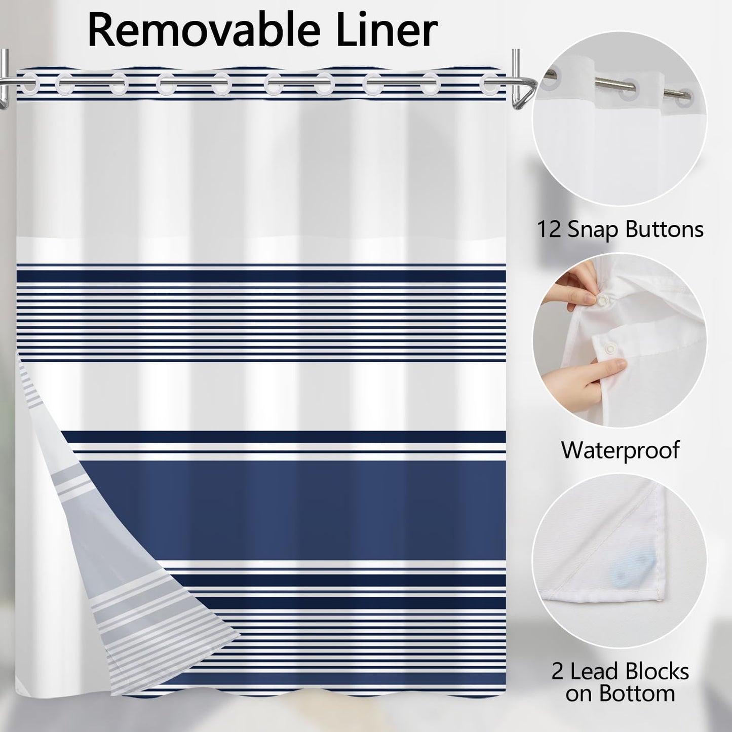 NAEMBCU No Hook Navy Blue Striped Shower Curtain with Snap in Liner Set