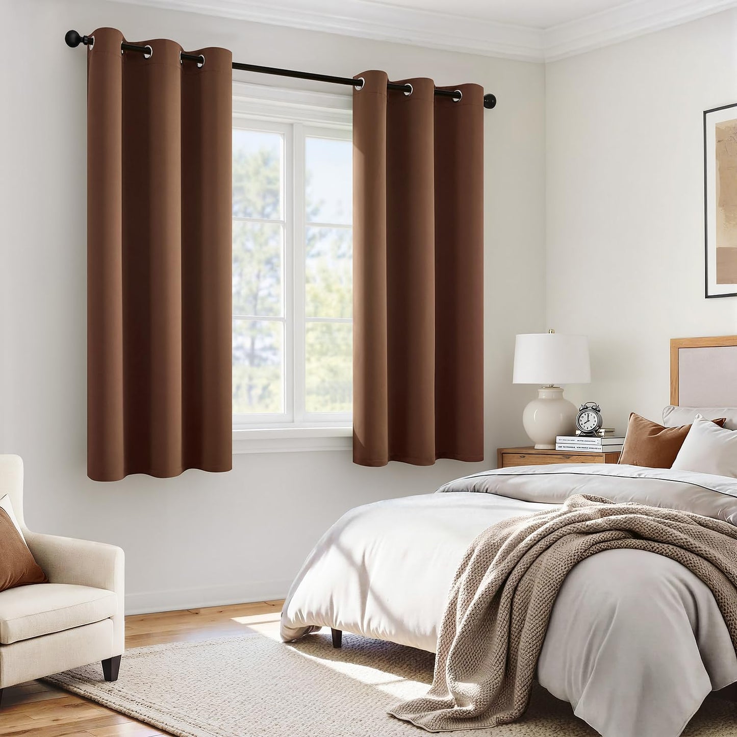MIULEE 100% Blackout Curtains for Bedroom 63 Inch Long, 2 Thick Layers Thermal Insulated Black Out Window Curtains with Black Liner, Noise Reducing Grommet Living Room Drapes 2 Panels Mocha Brown