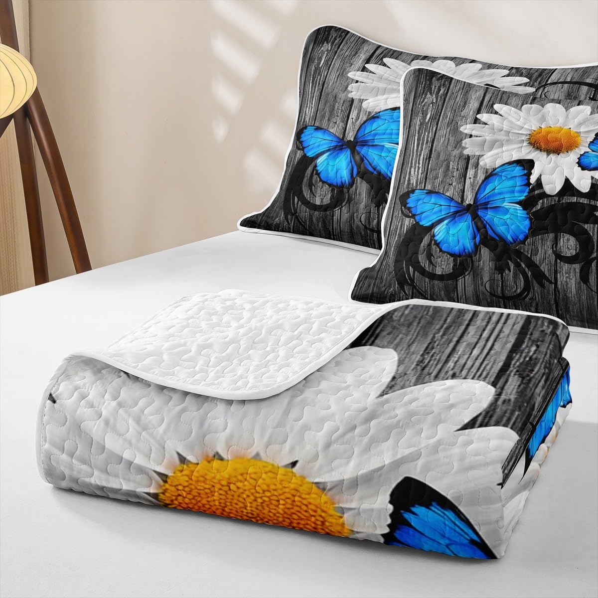 Erosebridal Daisy Quilt Butterfly Quilt Set Full Retro Wooden Planks Bedding Coverlet Rustic Farmhouse Animals Bedspread with 2 Pillowcases