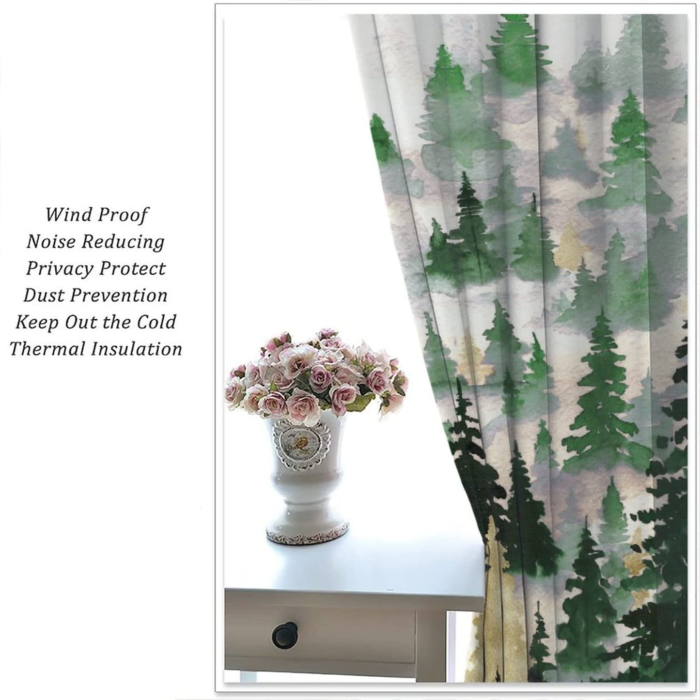 SXXLDNG Green Gold Forest Curtains, Nature Tree Misty Forest Silhouette Landscape Window Treatments Curtains,Tree Woodland Curtains Rod Pocket Drapes for Living Room Bedroom, 42x63in