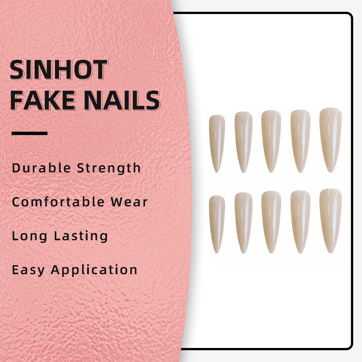 SINHOT Stiletto Press on Nails - Long Fake Nails, Glossy Finish, Nude Natural Design, DIY Artificial False Nail Art - 24 Pcs Nail Kit with Glue