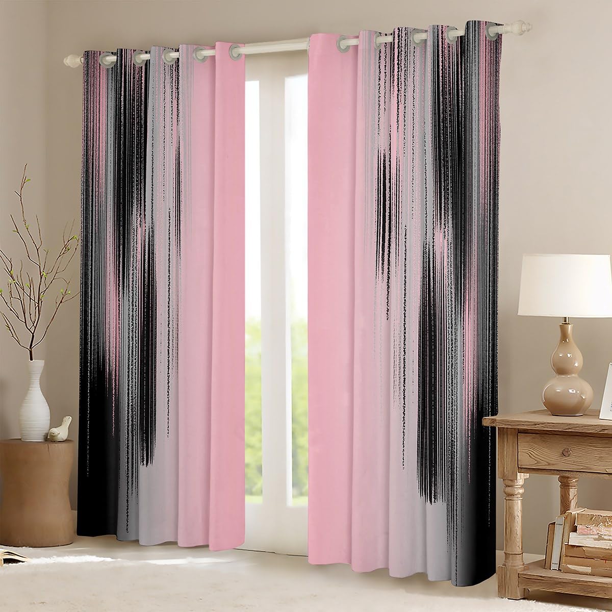 jejeloiu Pink and Black Curtains for Bedroom Living Room (2 Panels, 38 x 45 Inch) Modern Art Blackout Curtains for Kids Adults Messy Rust Darkening Drapes Gradient Stryle Window Treatments