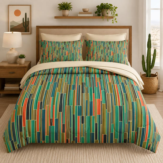 Nesker Comforter Set Full Size, Mid Century Geometric Retro 7 Pcs Bedding for Kids and Adults, 50S Vintage Bed Sheet Sets with Fitted Sheet 2 Pillowcases & 2 Shams