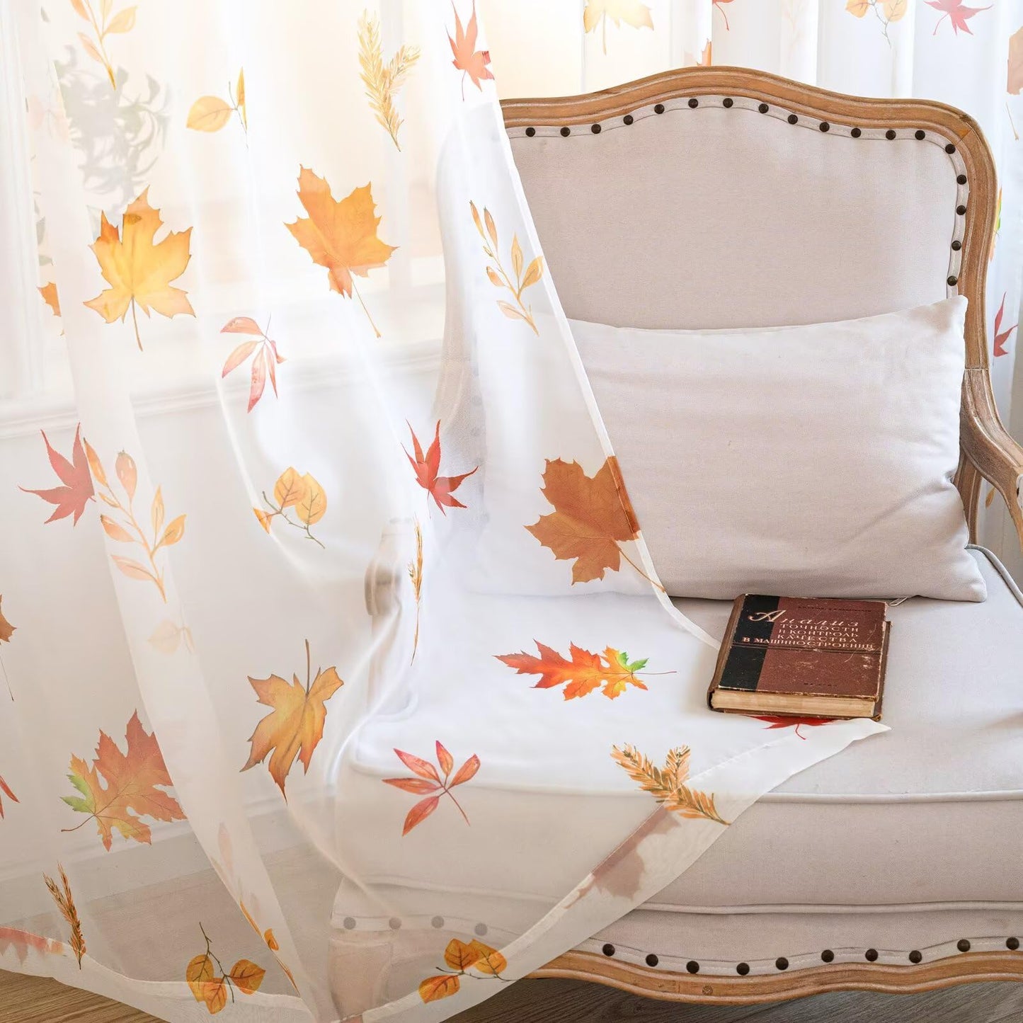 youleyar Fall Sheer Curtains for Living Room 84 Inches Long 2 Panels Orange Semi-Sheer Curtain with Maple Leaves Printed Pattern Fall Rod Pocket Voile Drapes for Bedroom, 52" W x 84" L