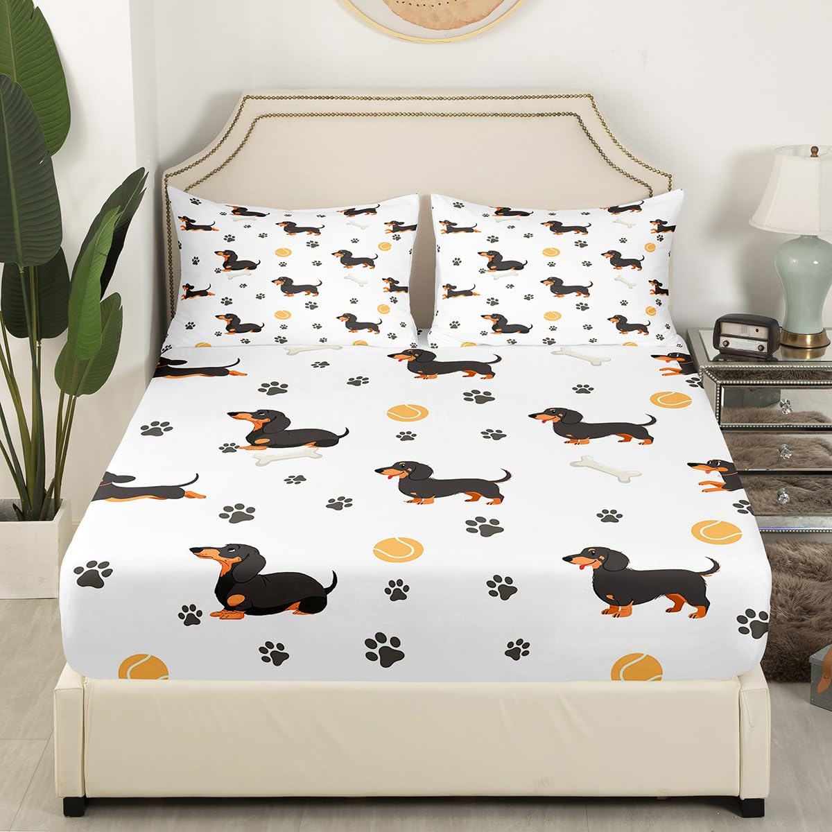 Castle Fairy Cute Dachshund Dog Fitted Sheet King Size,Ball Bones Paw Print Bed Sheet Set Bedroom Decor,House Pet Animal Themed Polyester Bedding Set(1 Fitted,1 Flat,2 Pillowcases)