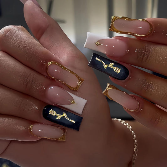 BABALAL Press on Nails Long Square Fake Nails Ombre Fall Glue on with Gold Rose Charm Luxury 3d Texture Handmade Design Y2k Manicure 24Pcs Acrylic False Nails for Women Girls