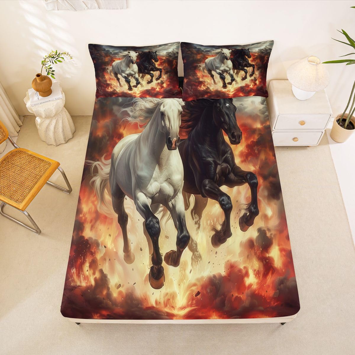 jejeloiu Horse Bed Sheets Sets Queen Size Kids Boys Girls Black and White Horse Bedding Set Western Farm Animals Bed Sheet Set with 16-Inch Deep Pockets Country Farmhouse 4Pcs with 2 Pillow Cases