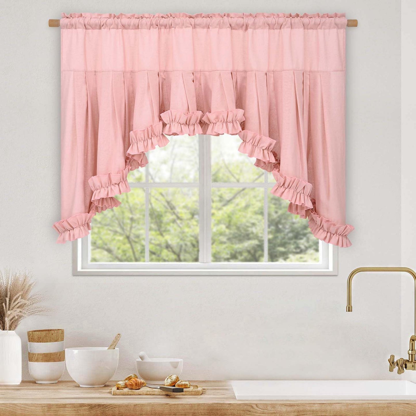 Likiyol Linen Valances for Windows Farmhouse Ruffle Swag Valance Rustic Country Window Valances Light Filtering Kitchen Curtains Rod Pocket Valance Curtains for Bathroom Cafe, Pink, 60" W x 36" L
