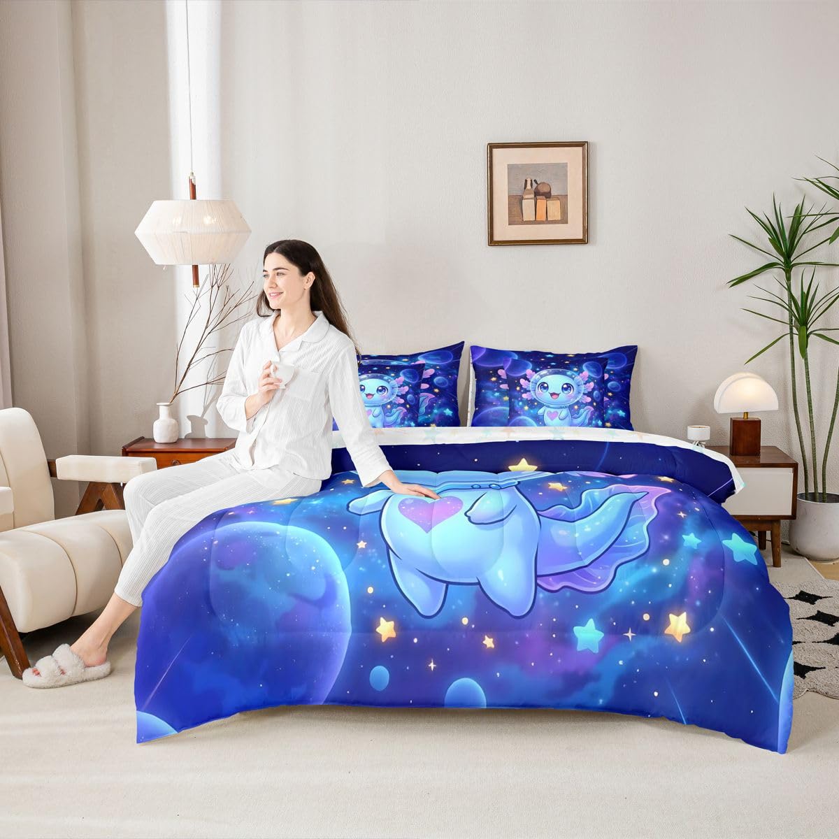 Erosebridal Kids Universe Axolotl Twin Size Bedding Set Boys Girls Cute Axolotl 7 Pieces Comforter Set with Sheets for Teens Purple Blue Starry Sky Bed in a Bag Glitter Stars Print Bed Sets