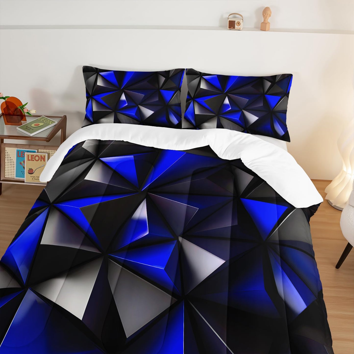 UEVBF Blue and Black Bedding Set Twin Size,Geometric Pattern Comforter Set for Kids Boys Girls Geometry Room Decor,Art Aesthetic Bedding with 2 Pillowcases.