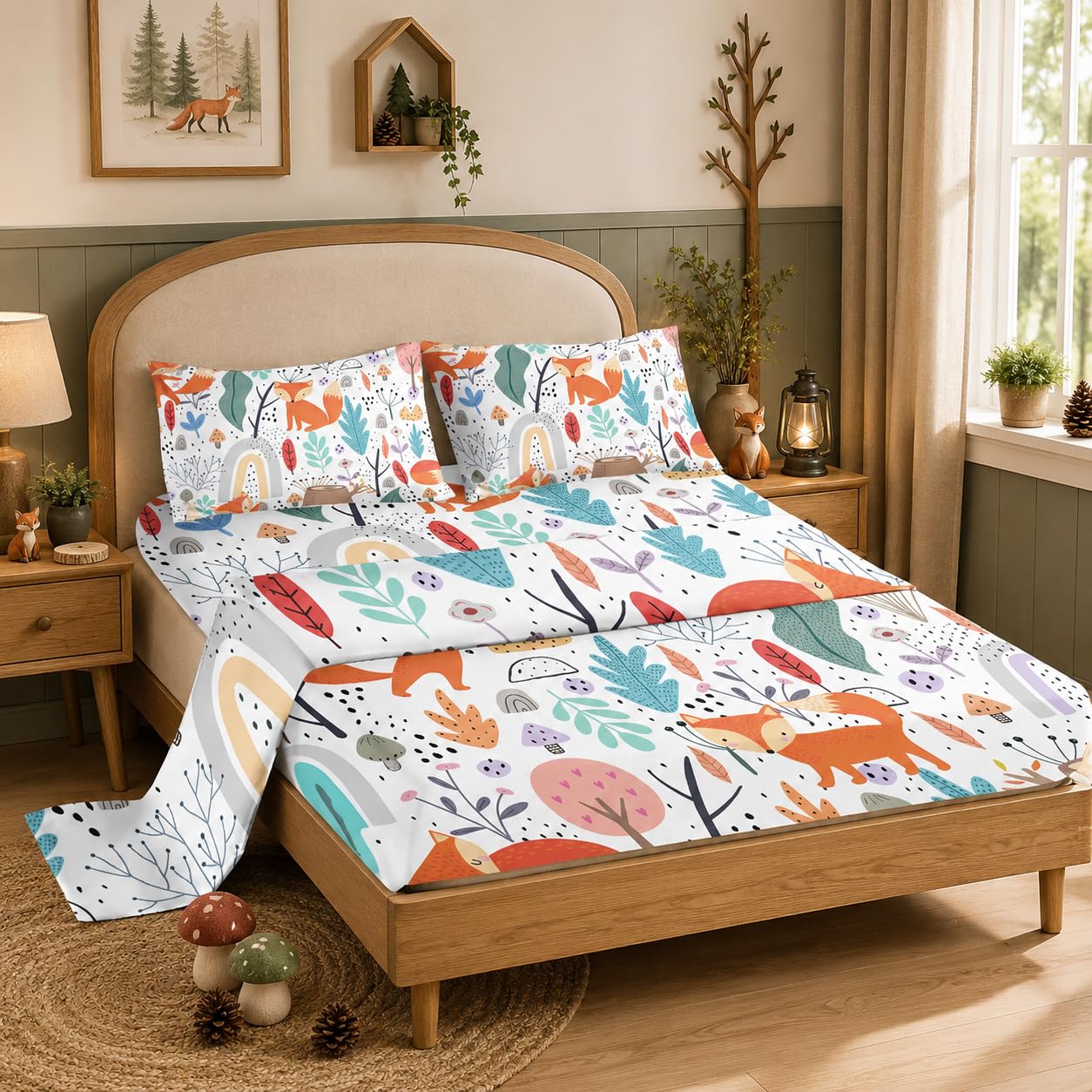Nttopship Fox 4 Pieces Bed Sheet Sets Full Size Cartoon Forest Fox Printed Bedding Sets with 16" Deep Pockets Wildlife Bedroom Decor,Bedding Set 4 PCS(1 Fitted+1 Flat+2 Pillowcases)