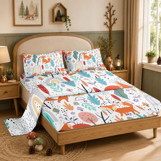Nttopship Fox 4 Pieces Bed Sheet Sets Full Size Cartoon Forest Fox Printed Bedding Sets with 16" Deep Pockets Wildlife Bedroom Decor,Bedding Set 4 PCS(1 Fitted+1 Flat+2 Pillowcases)