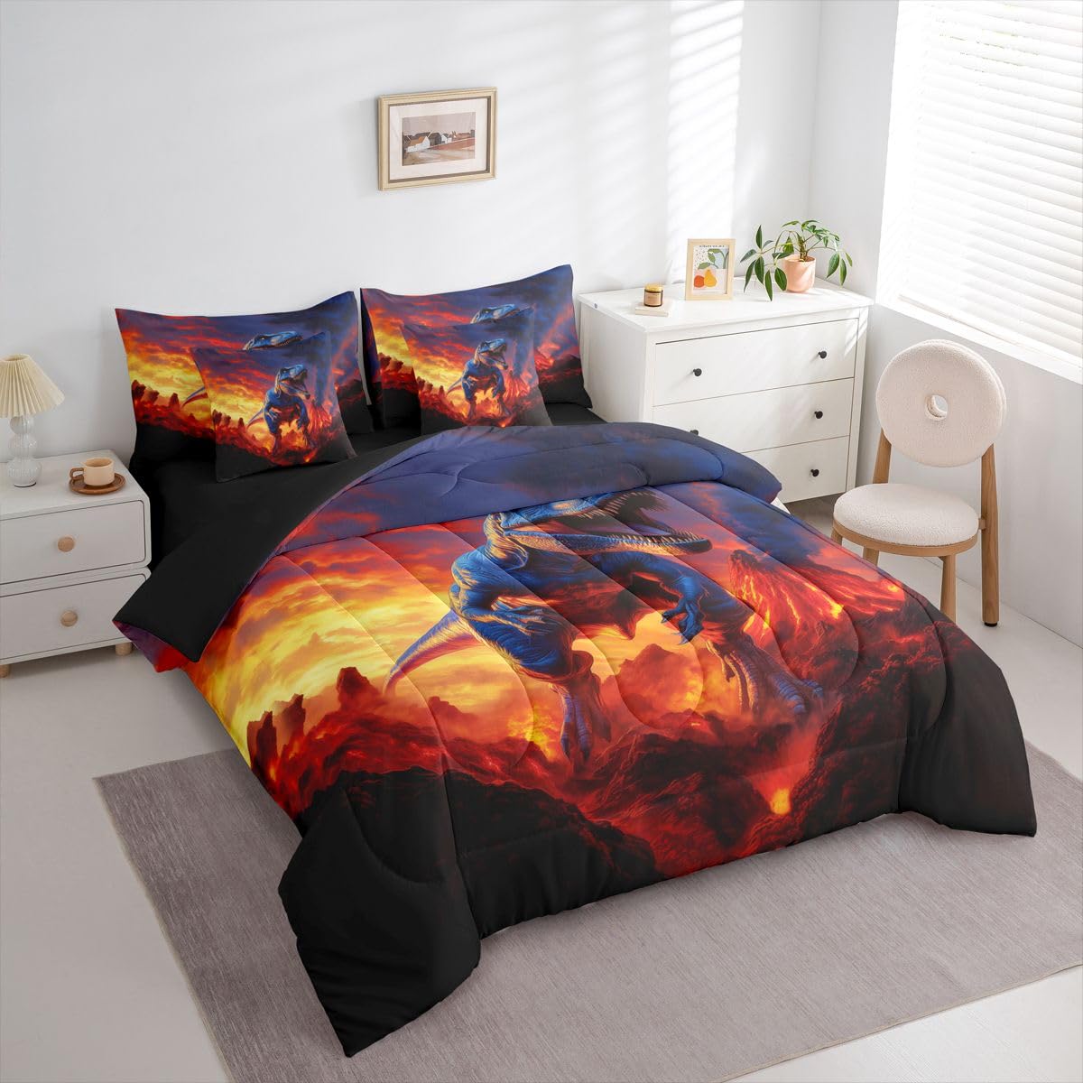 Feelyou Kids Dino Twin Comforter Set with Sheets for Kids Boys Girls Dinosaur 7 Pieces Bedding Set Ancient Jungle Dinosaur Bed in a Bag Volcano Room Decor Yellow Red Soft Lightweight Microfiber