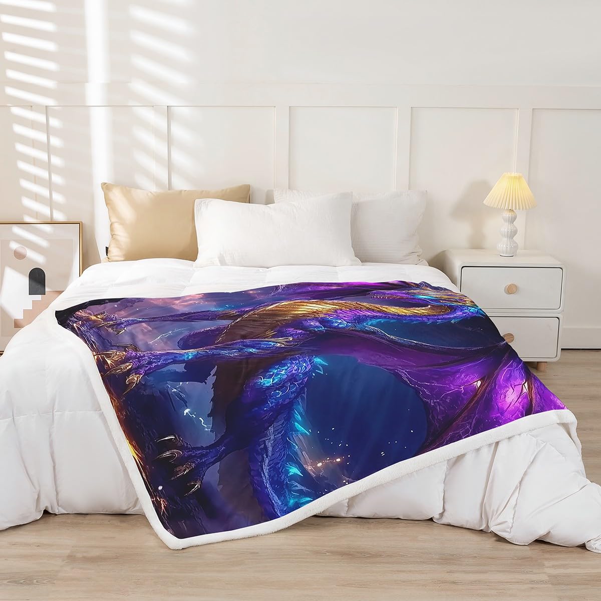 Erosebridal Dragon Throw Blanket Baby 30"X40", Magic Animal Loong Sherpa Blanket for Kids Boys Teens Bedroom Decor, Outer Space Fleece Blanket Lightning Galaxy Plush Bed Blanket, Purple