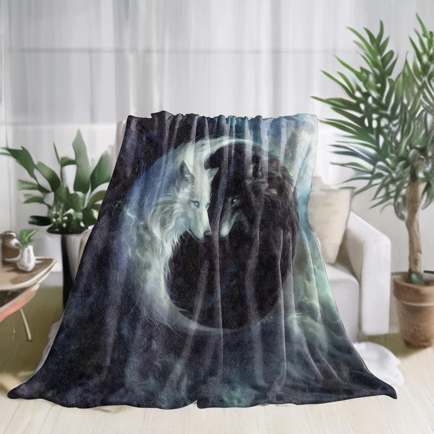 zbezbe Black White Wolf Flannel Blanket Butterfly Mystical Yin Yang Cosmic Cloudy Night Sky Throw Blankets Lightweight Soft for Party Chair Bed Sofa Camping Travel,Home Decor,Gifts Adults,50x60in