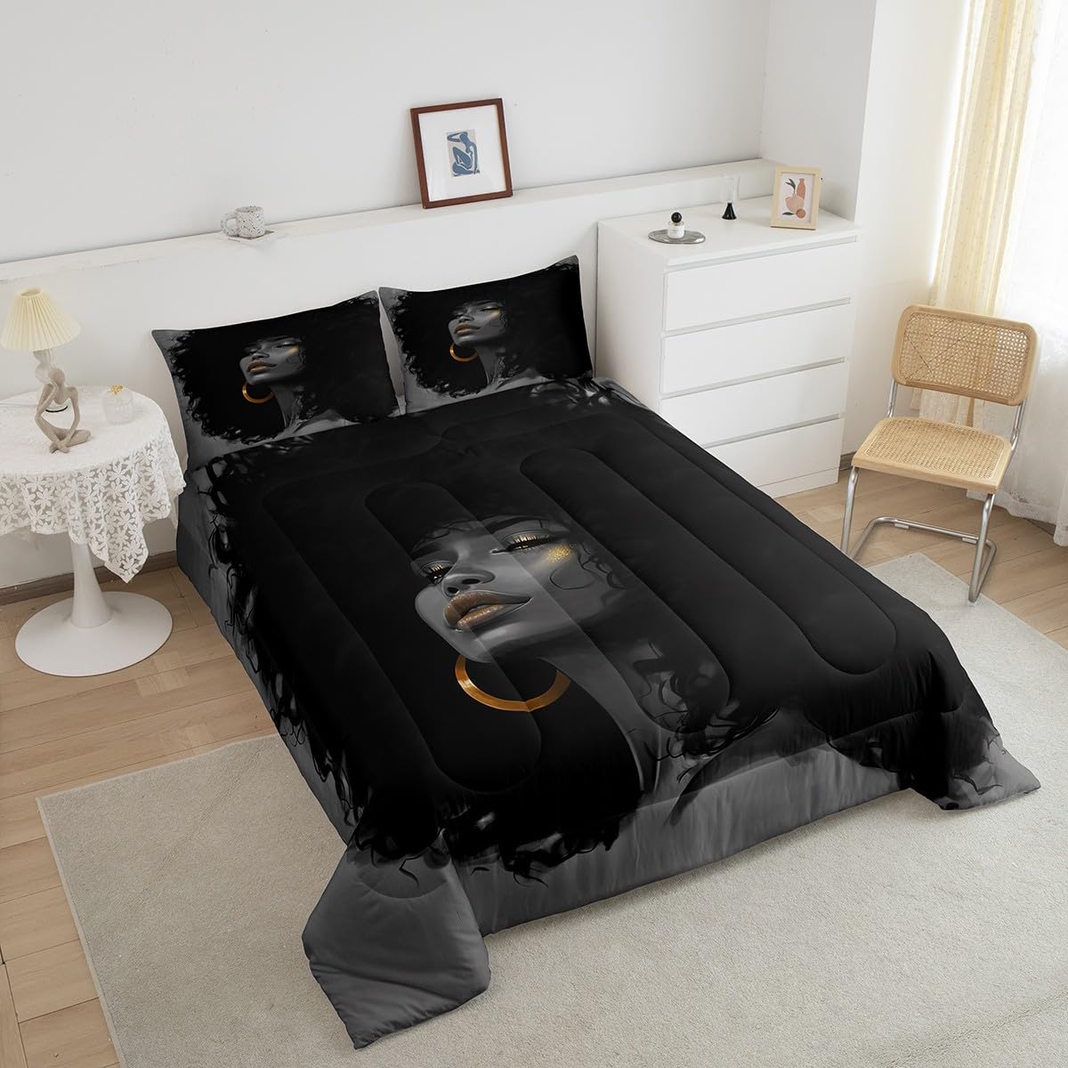 African Style American Woman Comforter Set Queen Size,Afro Pretty Princess Bedding Set,Black Cute Girls Quilt Set for Kids Girls Teens Room Decor Fashion Beauty Style Duvet Insert 3Pcs,2 Pillowcases