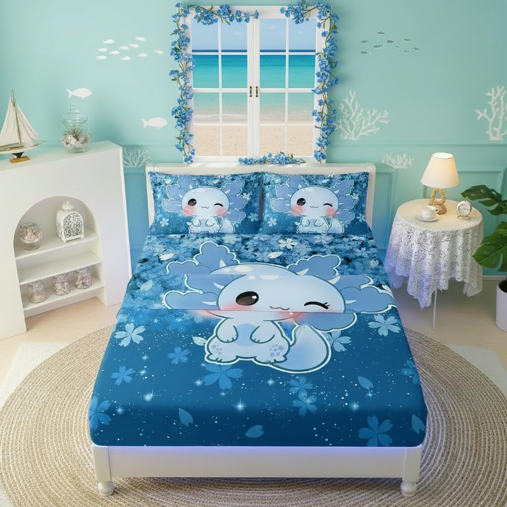 QOOMO Kawaii Axolotl Kids Sheet Set Queen Size,Cherry Print Bedding Set Lightweight All Seasons,Blue Sets for Room Decoration,1 Fitted Sheet,1 Flat Sheet,2 Pillow Cases