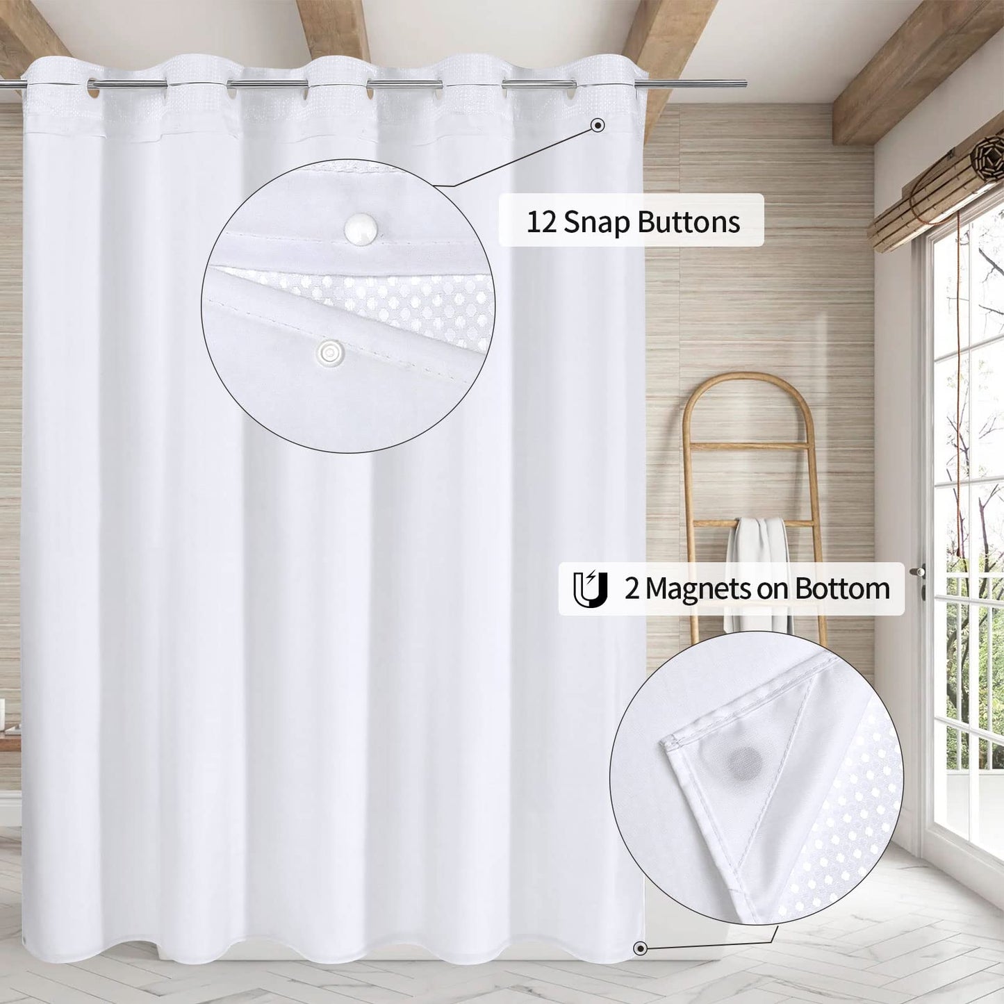 MitoVilla No Hooks Need White Waffle Shower Curtain Liner Set, Modern Waffle Weave Fabric Shower Curtains with Snap-in Liner for Luxury Hotel Grade Spa-Like Bathroom Decor, 72 x 74