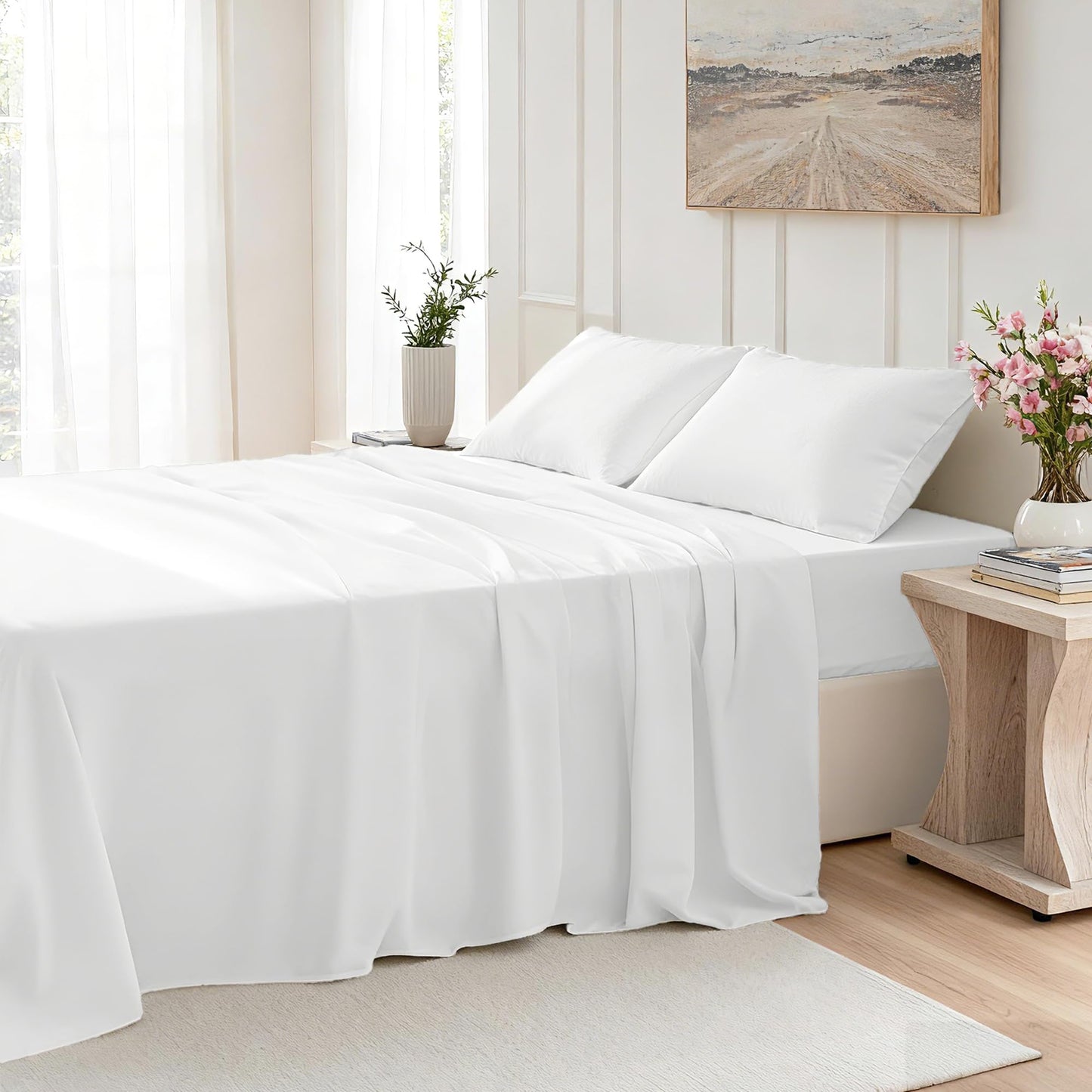 USXIBEI Queen Size 4 Piece Sheet Set - Comfy Breathable & Cooling Bed Sheets Set, Soft and Wrinkle Free, Deep Pockets, Easy & Secure Fit, Hotel Luxury Bedding for Women, Men - Oeko-Tex - White
