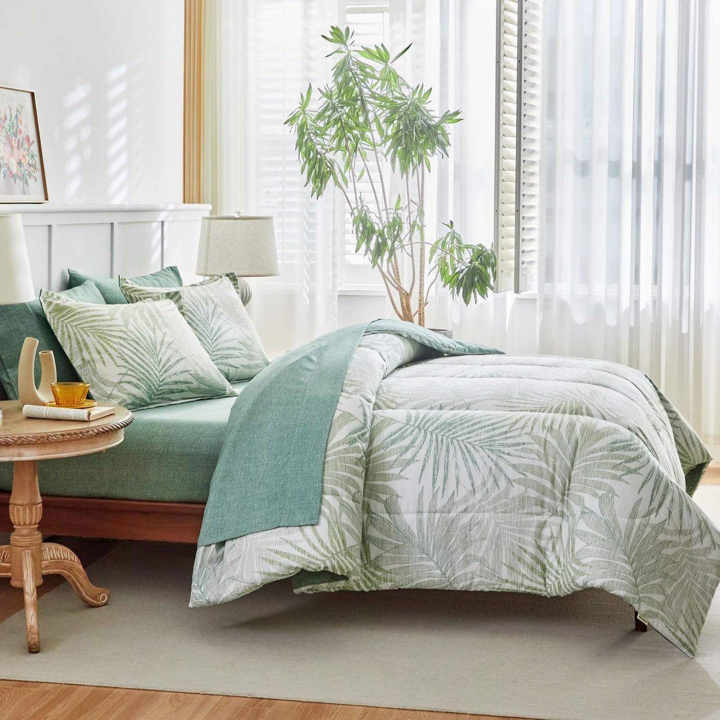 AIKASY Blue Green Queen Comforter Set with Sheets,Bed in a Bag 7-Pieces,Palm Tree Totem Printing Design,Ultra Soft Down Alternative All Season Bedding Set(Queen, Blue Green)