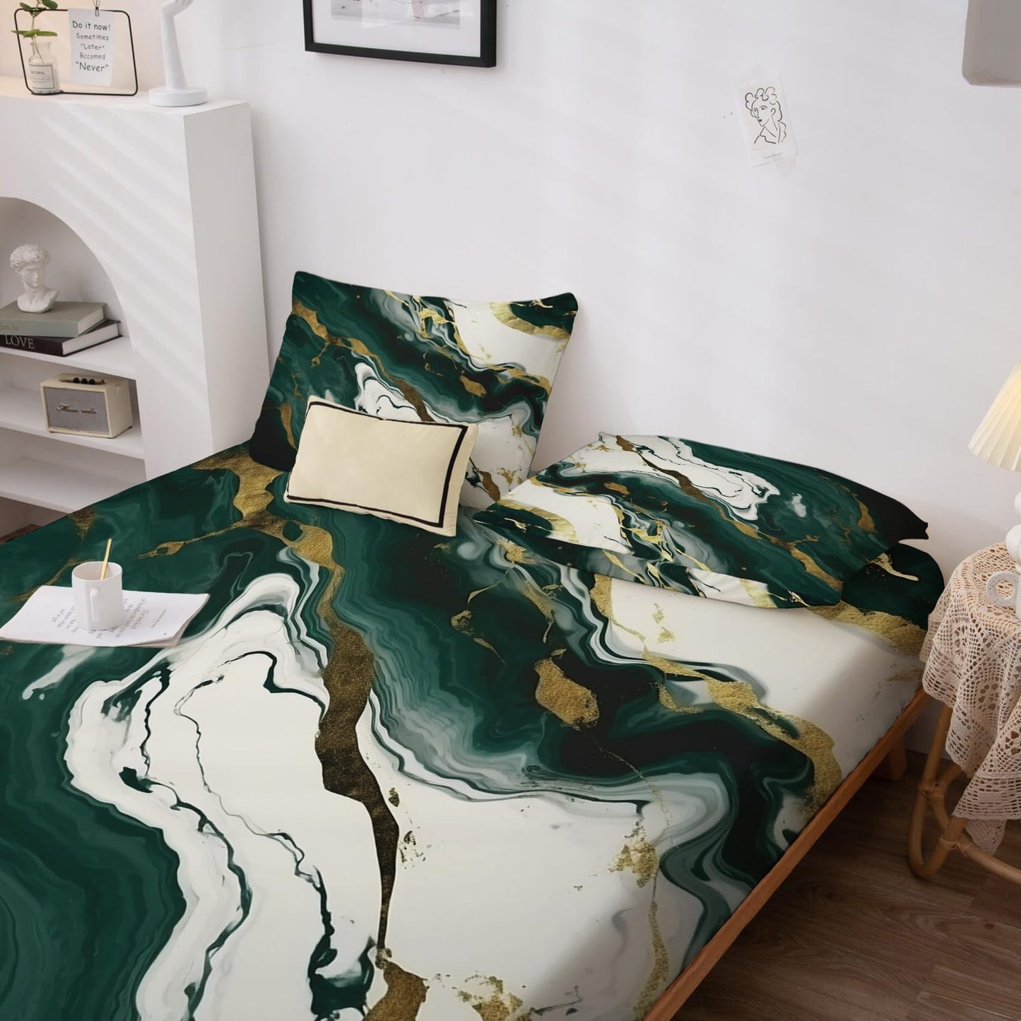 THYUNQ Emerald Green Marble Sheets Queen Size Bed, Abstract Pattern Sheet Set & Bedroom Decor - 16 Inch Deep Pocket, Super Soft Microfiber Bedding Sheets & Pillowcases 4 Piece