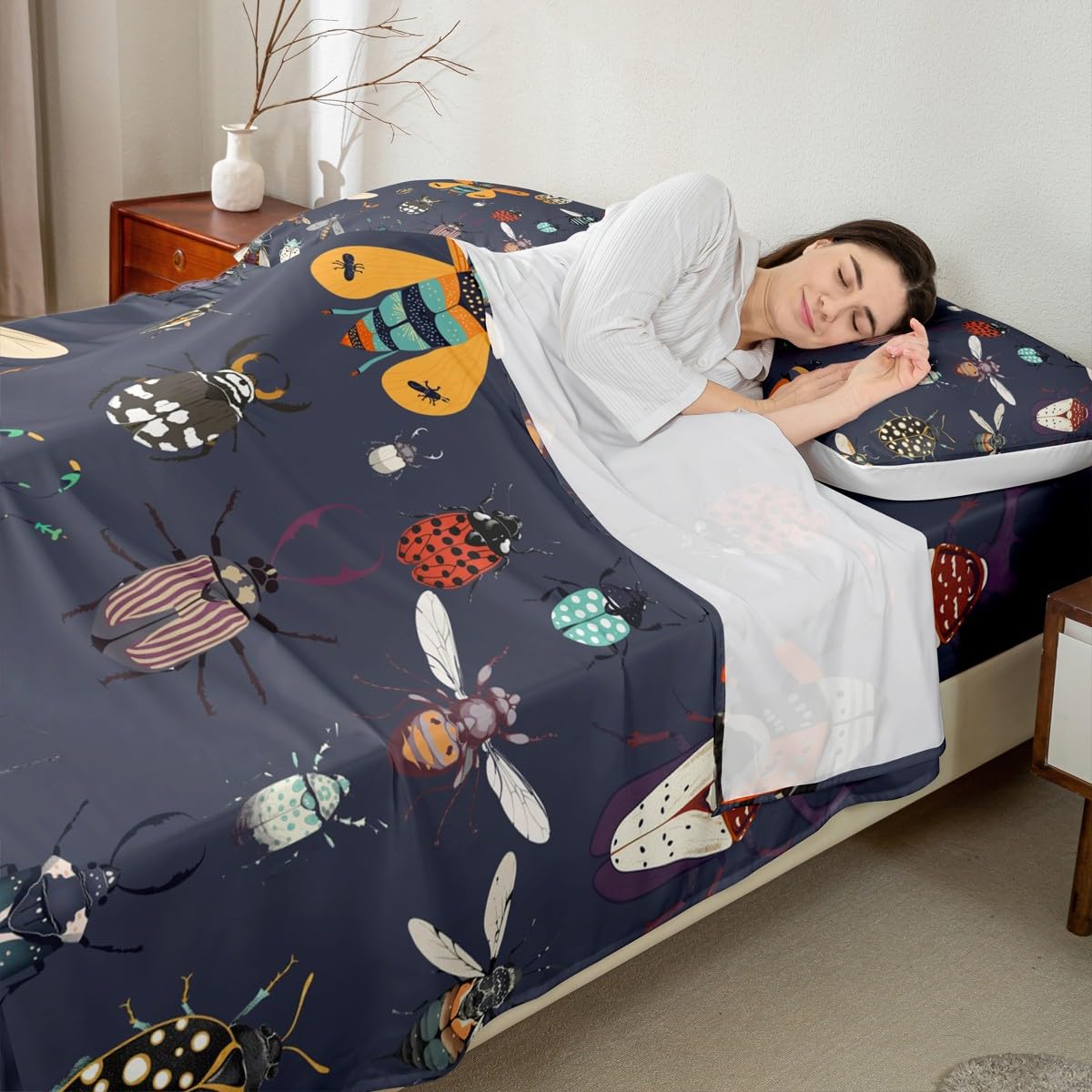 Beetles Bed Sheet Set Twin Size Cartoon Ladybug Moth Sheet Set Nature Wild Animals Sheets for Boys Girls Bedroom Dark Purple Bedding Set with Flat Sheet Fitted Sheet Pillowcase 3Pcs