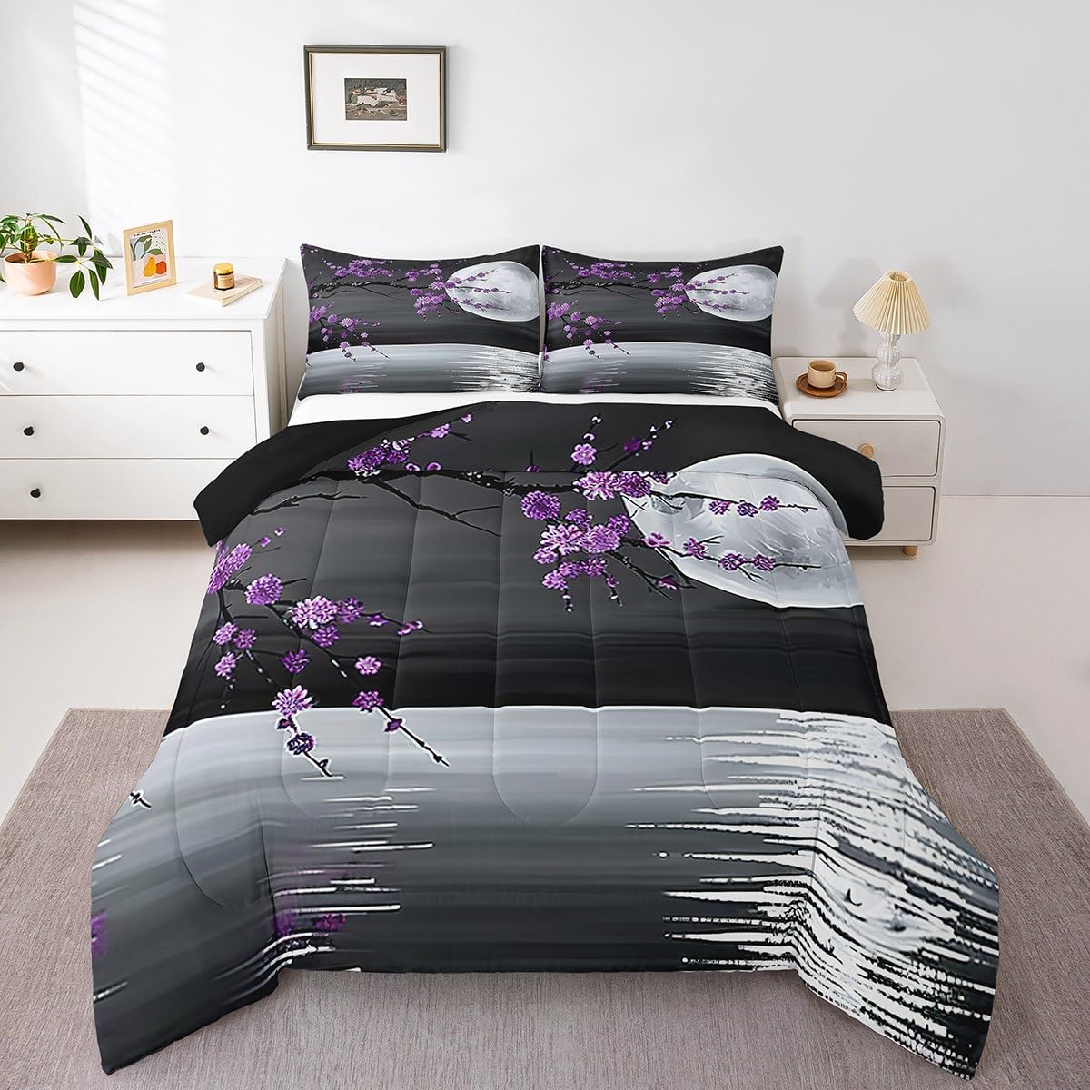 Manfei Moon Lake Twin Size Comforter Set,Purple Blossom Flower Duvet Set Soft Bed Collection,Romantic Japanese Style Bedding Comforter for Boys Girls Bedroom,2 Pcs
