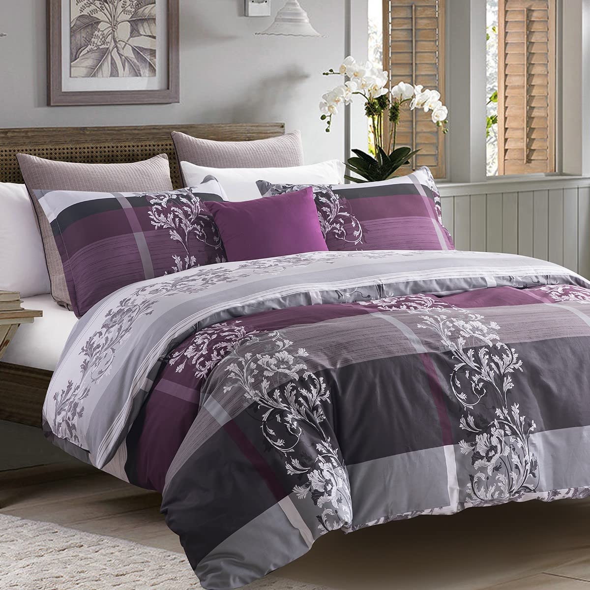 SLEEPBELLA Comforter King Size, 600 Thread Count Cotton Grey Paisley & Purple Comforter Sets, Down Alternative Bedding Set 3Pcs(King, Purple Paisley)