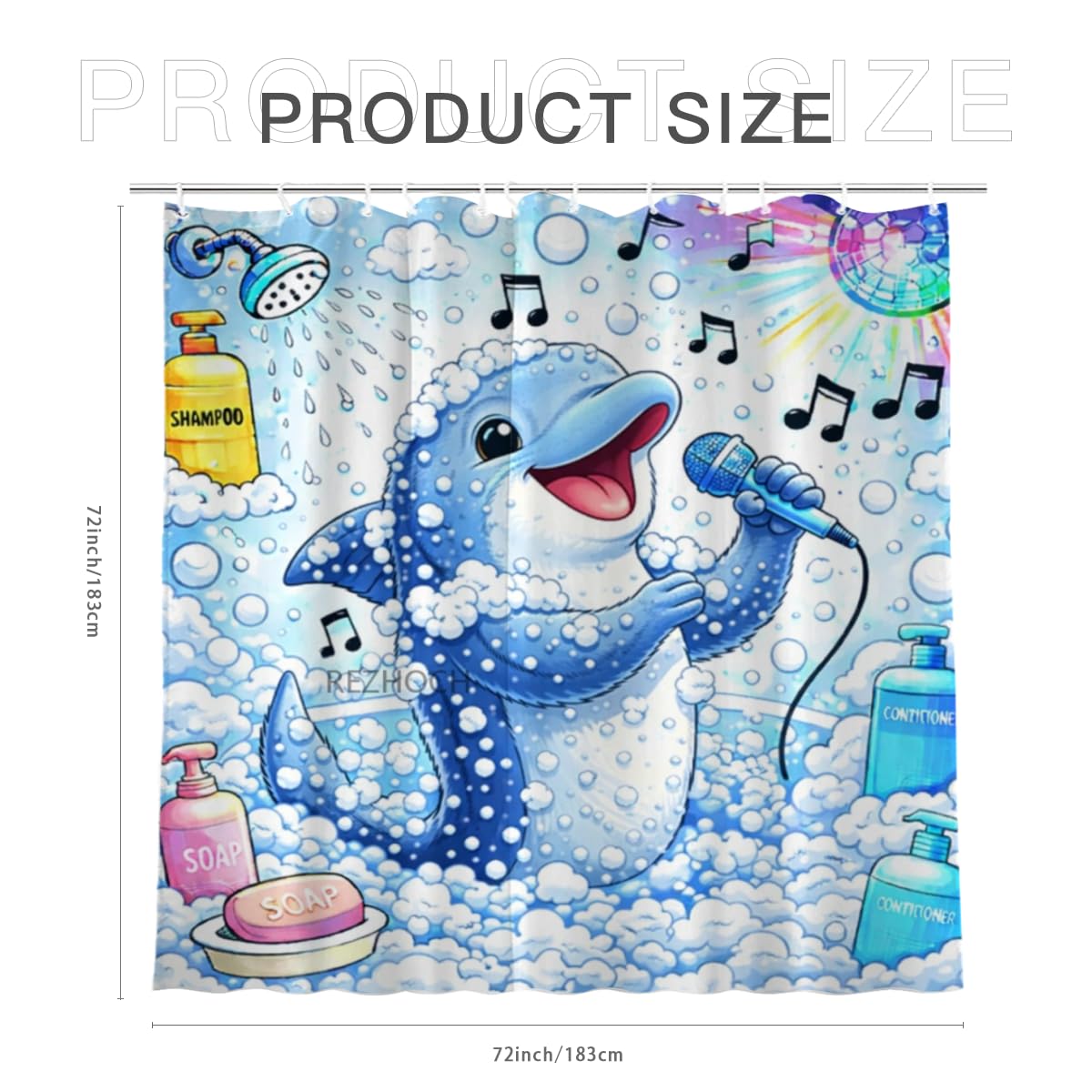 REZHOCH Funny Singing Dolphin Shower Curtain 72x72 Inch,Cute Cartoon Animal Home Bathroom Decor,Humour Colorful Music Bubble Microphone Bath Set Waterproof Fabric with Hooks