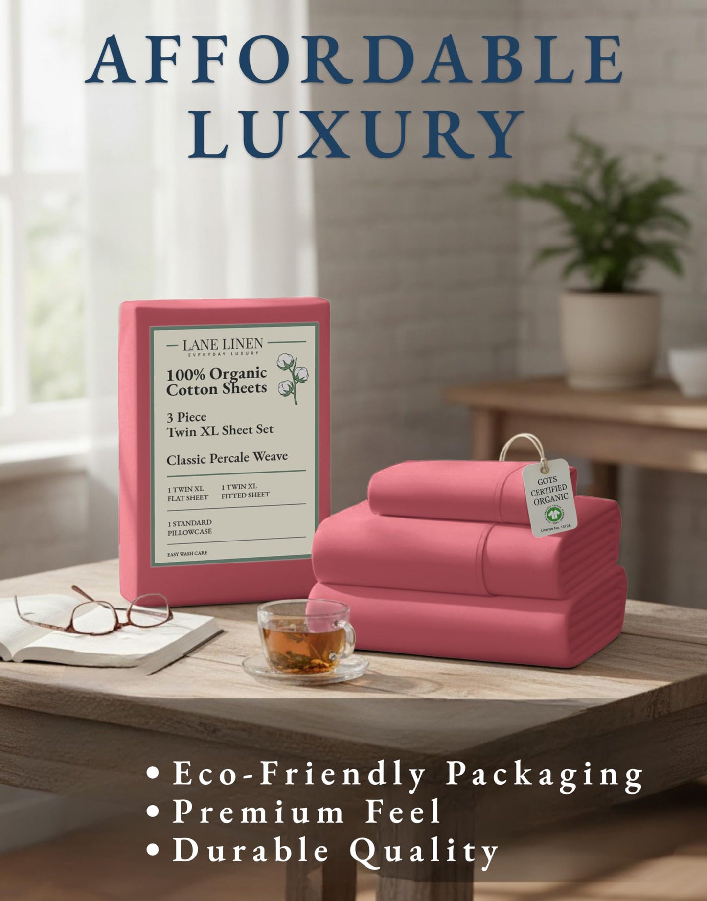 LANE LINEN Twin XL Sheet 100% Organic Cotton GOTS Certified Percale Weave Deep Pocket 3 Piece Soft Breathable Cooling Lightweight All Season Machine Washable Crisp - Mineral Red