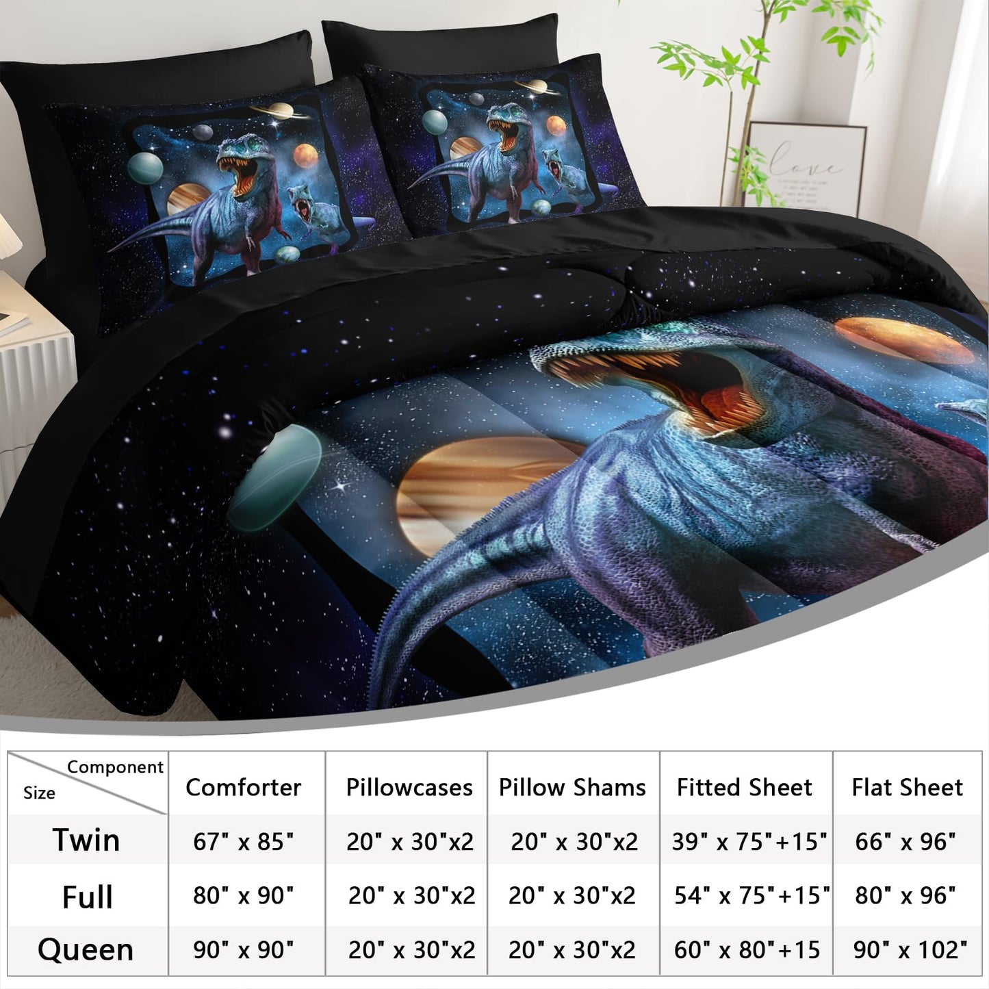 AILONEN Kids Dinosaur Comforter Set Twin Size,7Pcs Space Galaxy Bed in a Bag,Planet Dinosaur Bedding Print Boys Comforter & Fitted Sheet & Flat Sheet & 2 Pillowcases,2 Pillow Shams