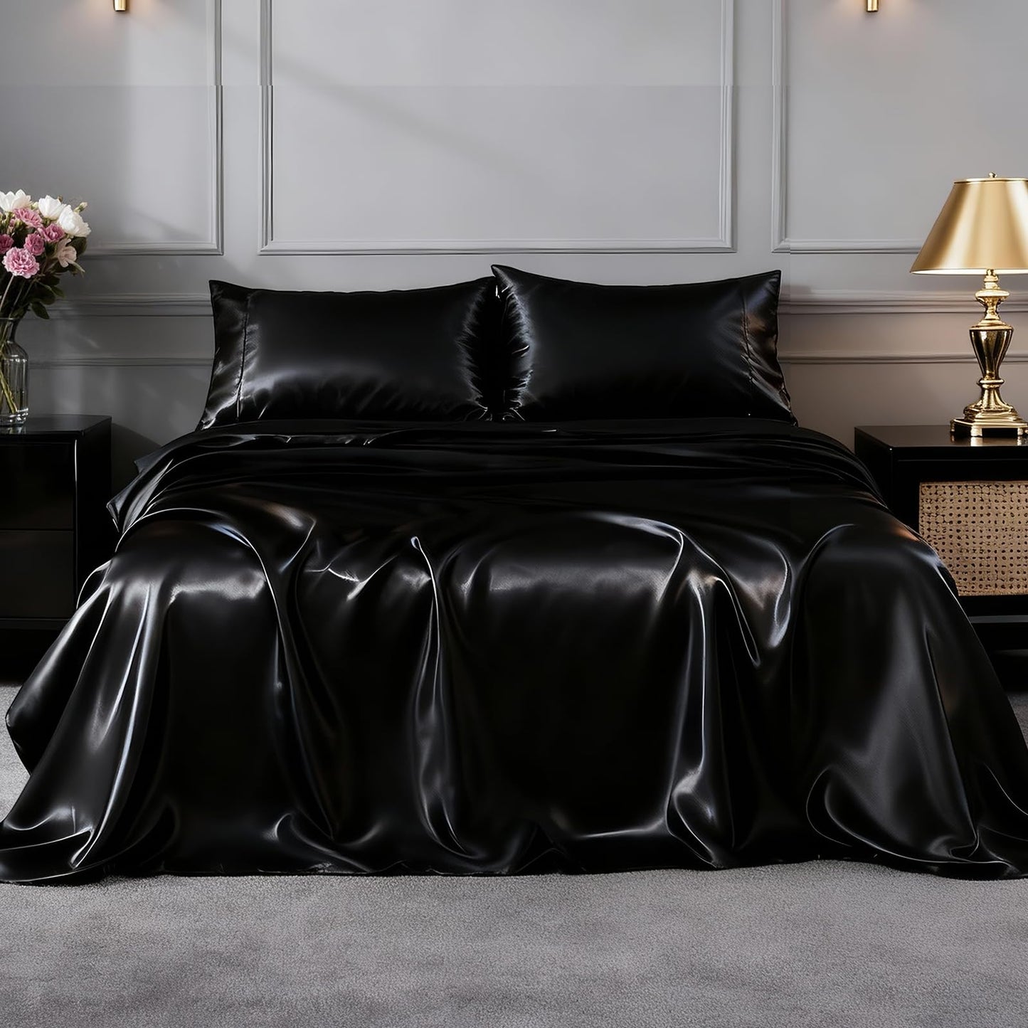FreshCulture Satin Sheets King Size - 4 Piece Luxury Soft Silky Sheets for Hair and Skin, Similar to Silk Bed Sheet Set with 1 Deep Pocket Fitted Sheet, 1 Flat Sheet & 2 Pillowcases (Black)