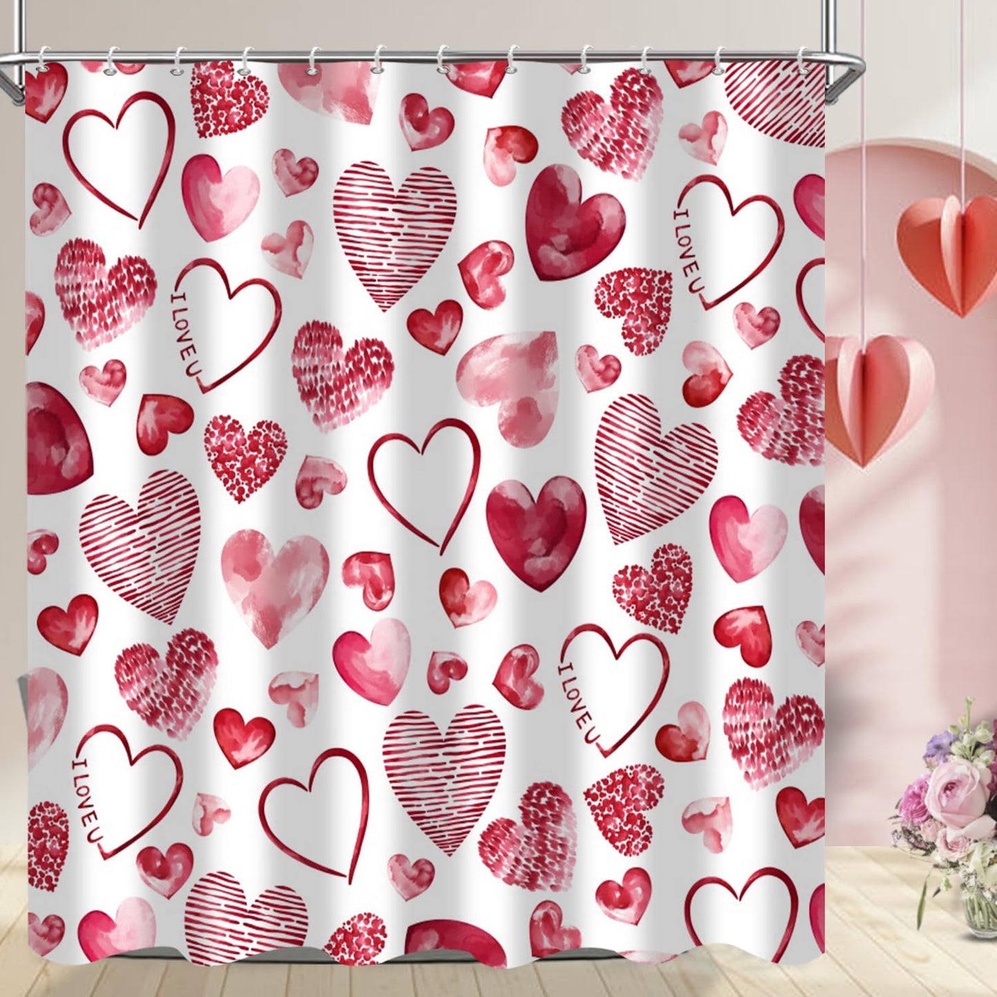 GKLEASG Valentine's Day Shower Curtain Red Pink Loving Hearts Romantic Theme Bathroom Curtains Waterproof Fabric Bathtub Curtains Set with Hooks 72"x72"