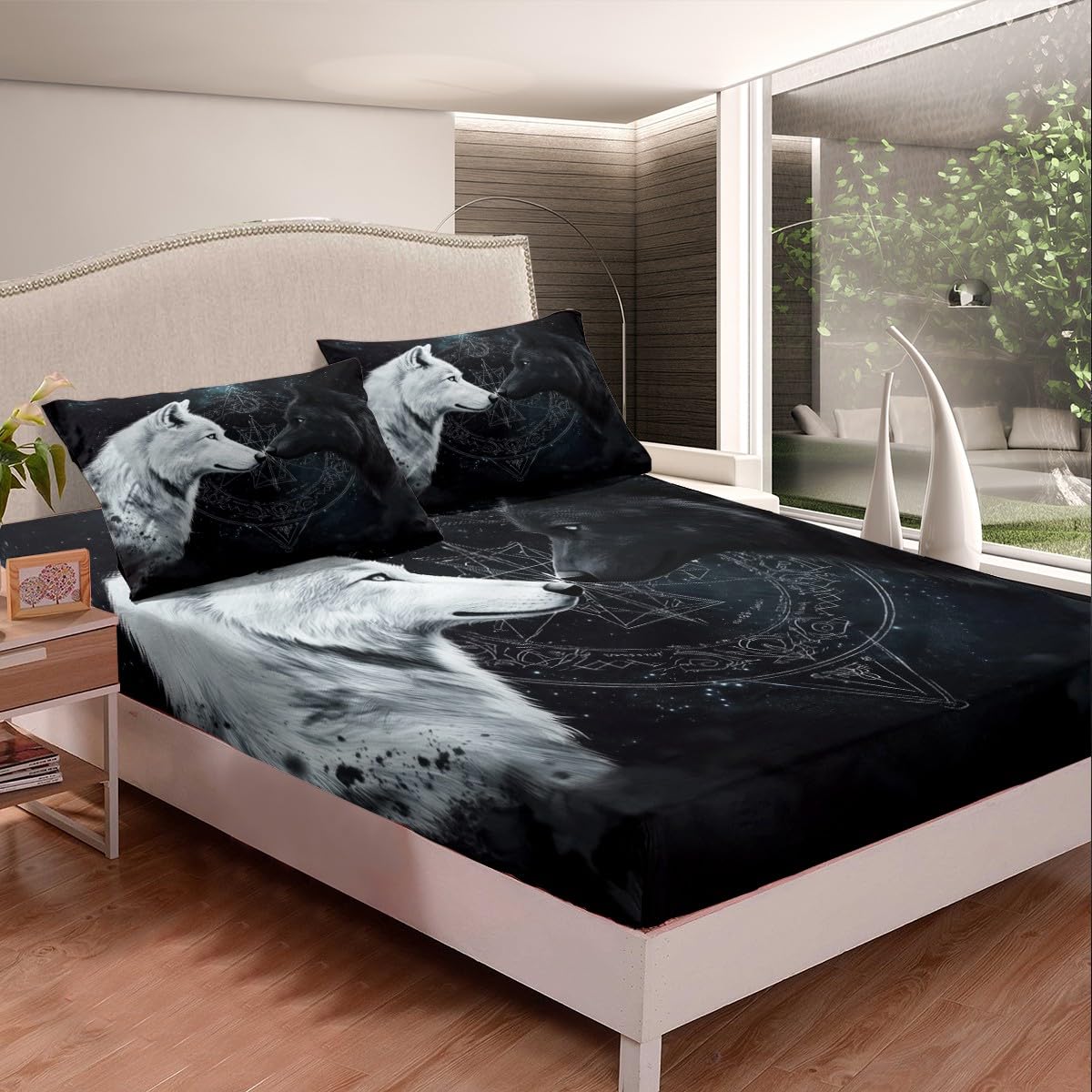 Castle Fairy Black White Wolf Bed Sheets Full Size,Sun Moon Starry Sky Bedding Set 4Pcs for Kids Boys Men Adult Room Decor,Wild Animals Fitted Sheet Cool Black Soft Top Flat Sheet,2 Pillowcases