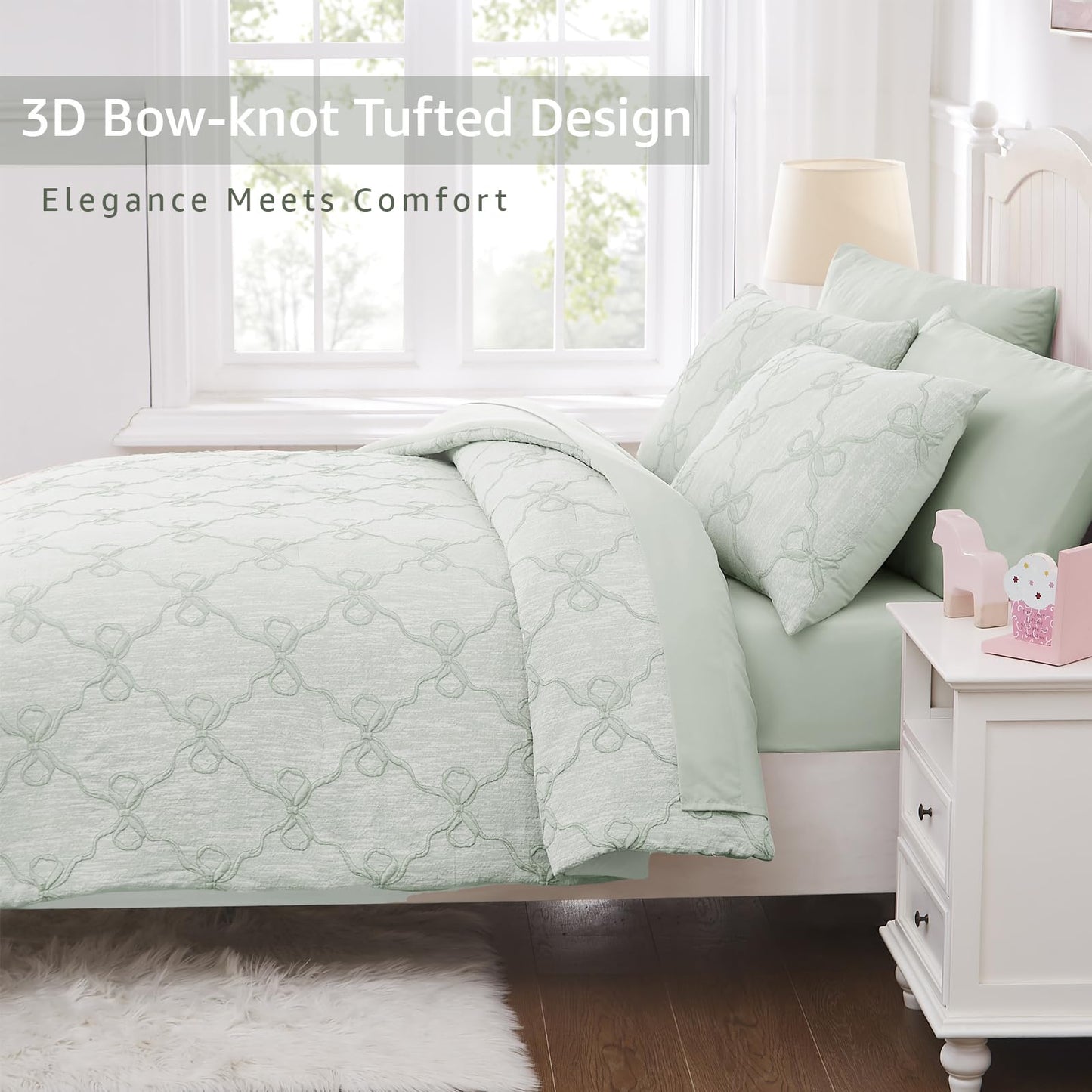 Wink Deer Twin Comforter Set with Sheets for Girls-5 Pieces Twin Bedding Sets with Light Green Comforter, Sheets, Pillowcase & Sham for Kids (Green Diamond, 66" X 86")