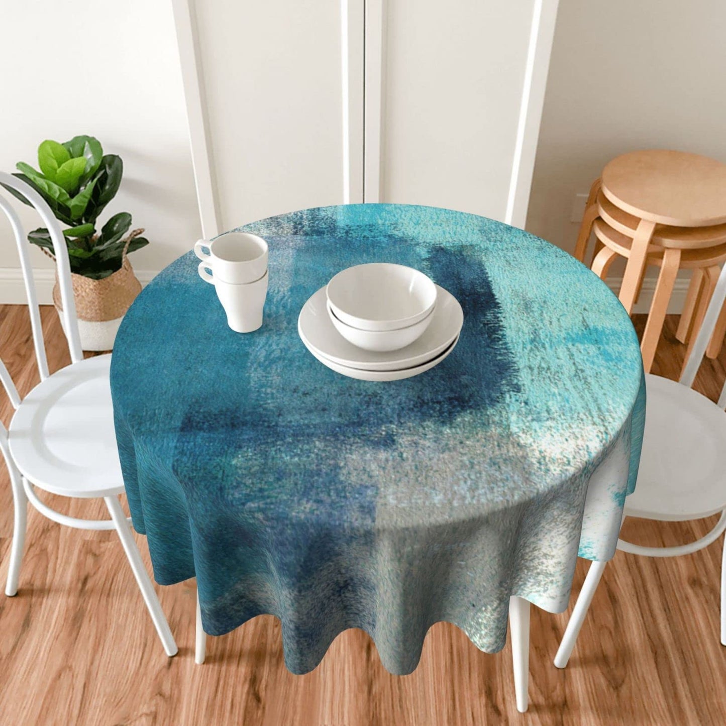 Yilad Teal Grey Abstract Art Painting Round Tablecloth Washable Reusable Decoration Table Cover for Kitchen Party 60"