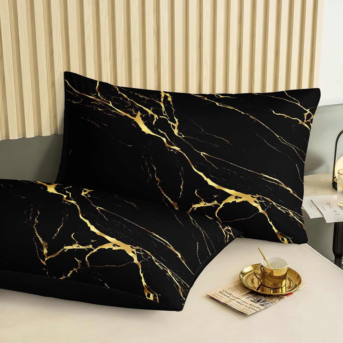 Merryword 8 Pcs Bed in a Bag Black Marble Comforter Set Full Size Gold Metallic Bedding Set