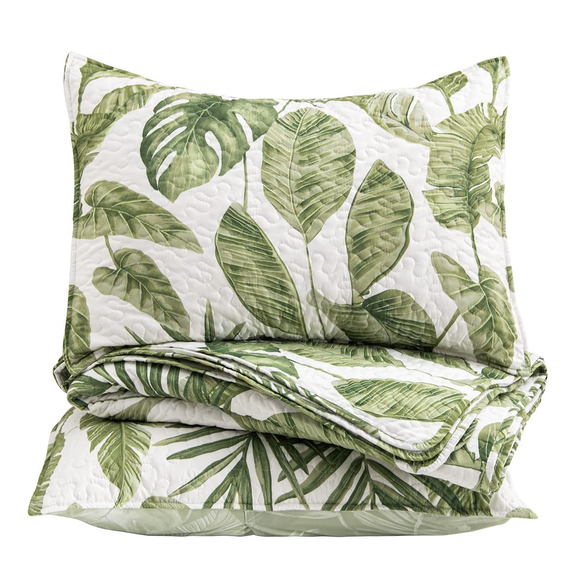 HORIMOTE HOME Tropical Plants Quilt Set Queen Size 3 Pieces, Green Palm Leaves Rainforest Style Fine Printed Reversible Bedspreads Bedding Sets, Soft and Lightweight Bed Coverlet for All Season