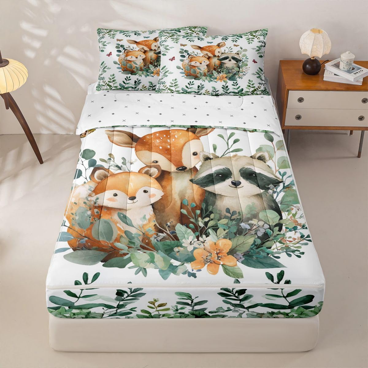Erosebridal Cartoon Animals Zippable Comforter Fox Raccoon Wildlife Twin Bedding Green Leaves Botanical Zipper Bed Set with Sheets Cute Jungle Wild Animal Bed in a Bag Bedroom Decor