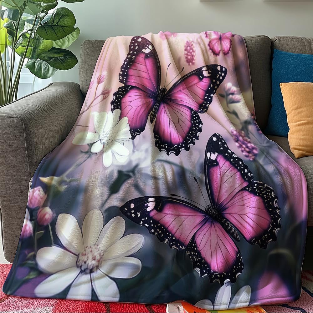 HUNXIAOJ Butterfly Throw Blanket for Women Butterfly Floral Blanket Romantic Gifts Warm Soft Flannel for Girls Boys Women Teens Adults Bed Sofa Couch (50 in x 60 in)