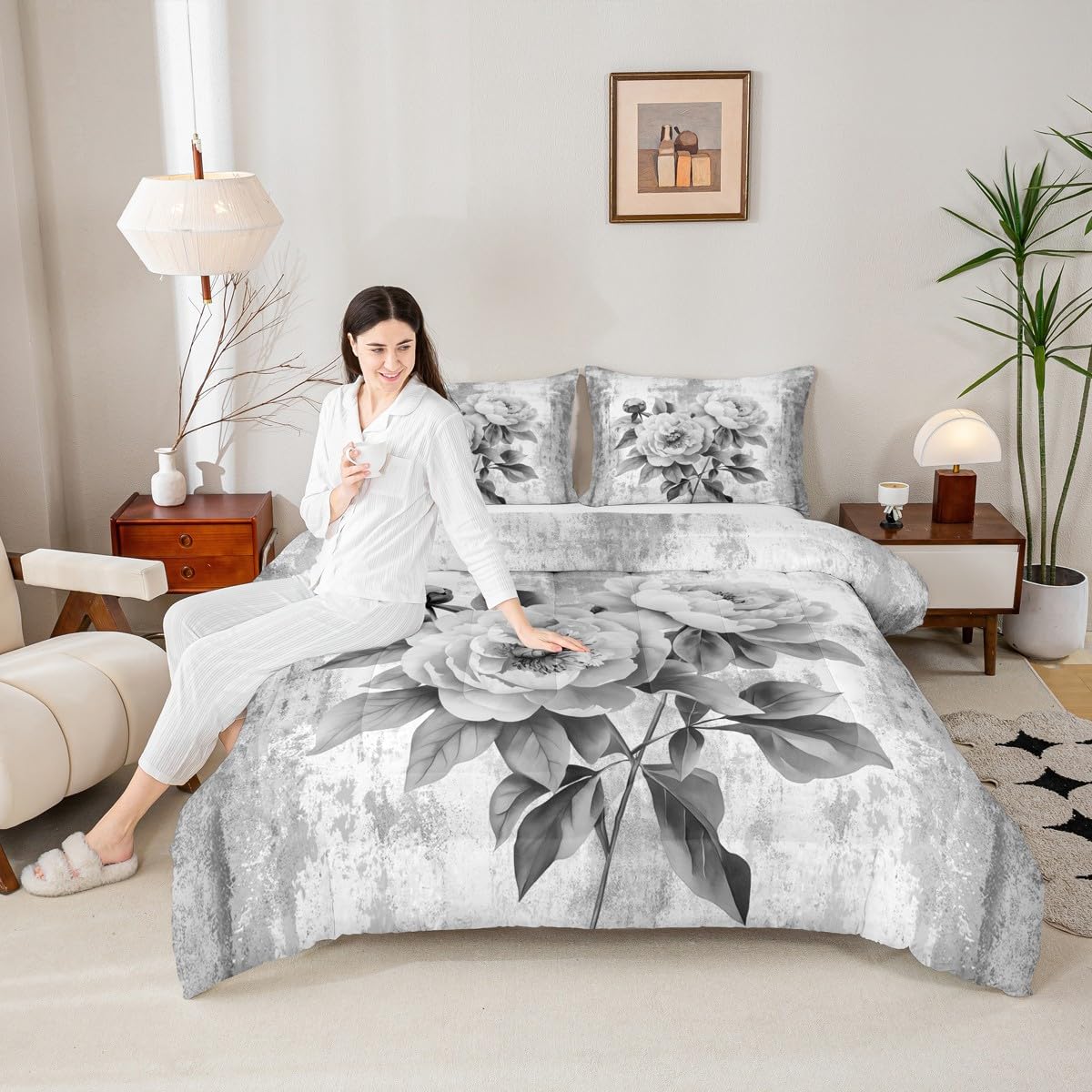 Erosebridal Watercolor Peony Floral Queen Comforter Set Abstract Oil Painting Bedding Set Rustic Farmhouse Bed Set Gray White Flowers Quilt Set