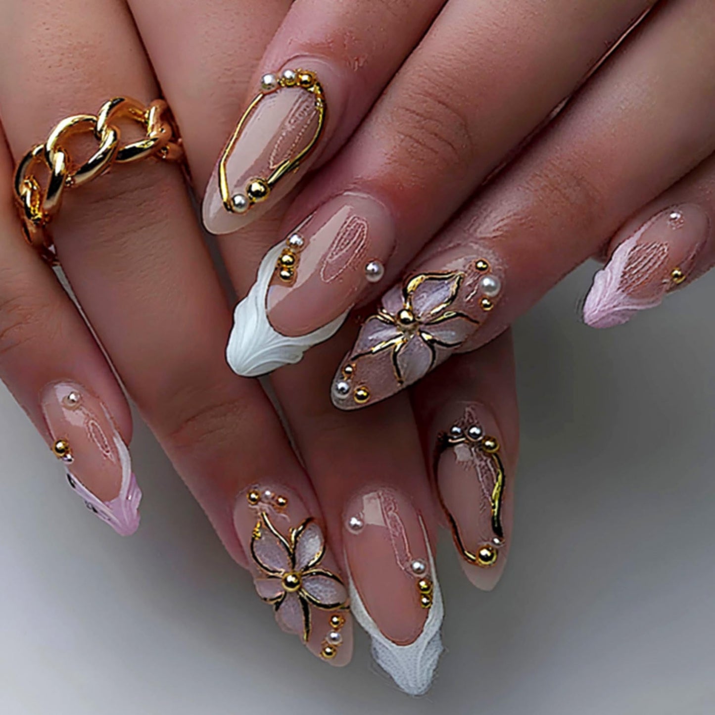 octoswave Press on Nails Medium Almond Fake Nails White French Artificial Nail with 3D Flowers Designs Stick on Nail for Women 24pcs