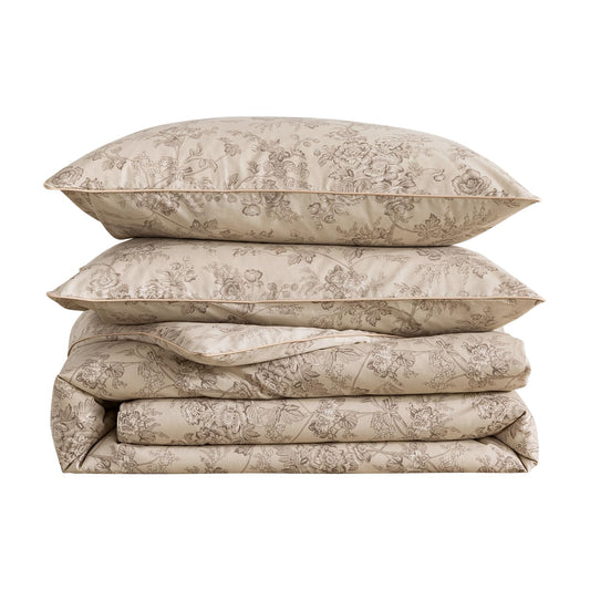 Puralens Vintage Beige Floral Duvet Cover, King Size 100% Cotton Percale Flower Print Farmhouse Bed Cover Set, Crisp Zipper Reversible French Country Comforter Cover Set, Cottage Toile Bedding, 3Pcs