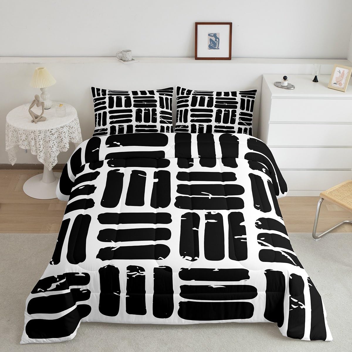 Feelyou Abstract Comforter Set Modern Abstract Art Bedding Set with 2 Pillow Cases White Black Microfiber Kids Full Bedclothes Luxury Bedroom Decor Geometric Duvet Quilt Breathable Soft Lightweight
