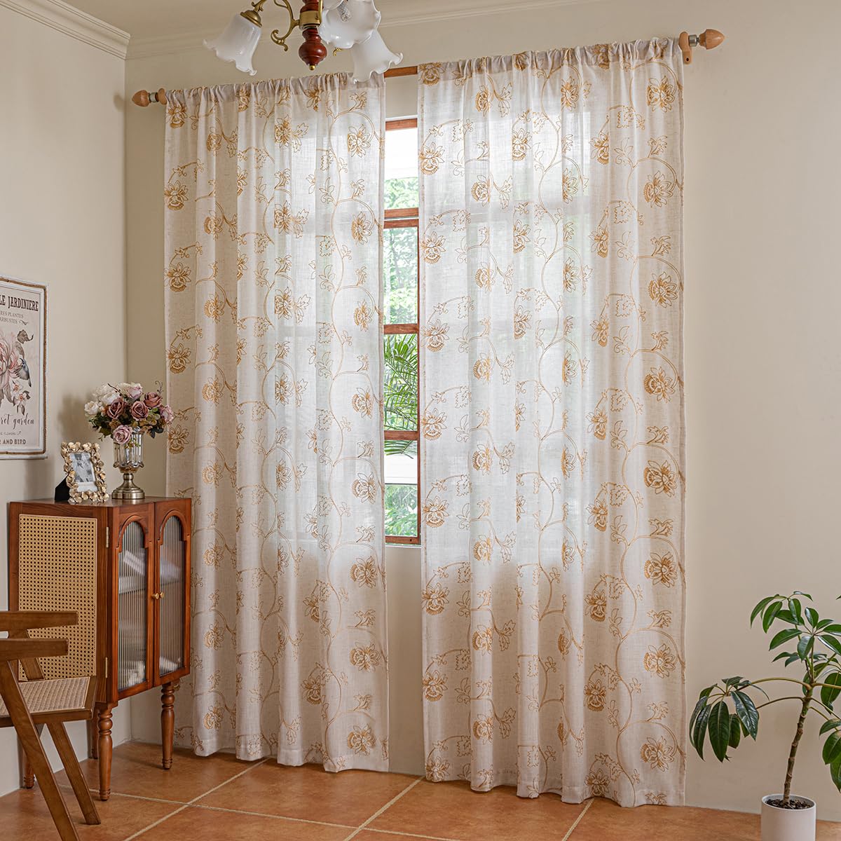 LSsudayin Embroidered Linen Blend Curtains for Bedroom, Living Room, Bohemian Semi-Blackout Floral Window Treatments with Backing Rod Pocket Hooks Beige Gold Matching Curtains 2 Piece 96 Inch Gold
