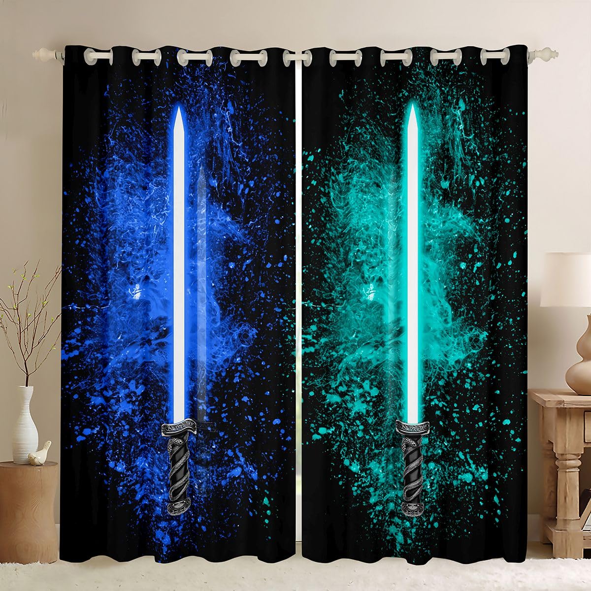 Feelyou Lightsaber Curtains for Girls Boy Home Decoration Lightsaber Rod Pocket Thermal Insulated Blue Teal 2 Panels Window Curtains Darkening Drapes for Bedroom Living Room 42W X 63L Inch