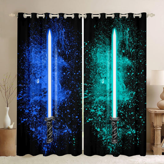 Feelyou Lightsaber Curtains for Girls Boy Home Decoration Lightsaber Rod Pocket Thermal Insulated Blue Teal 2 Panels Window Curtains Darkening Drapes for Bedroom Living Room 42W X 63L Inch