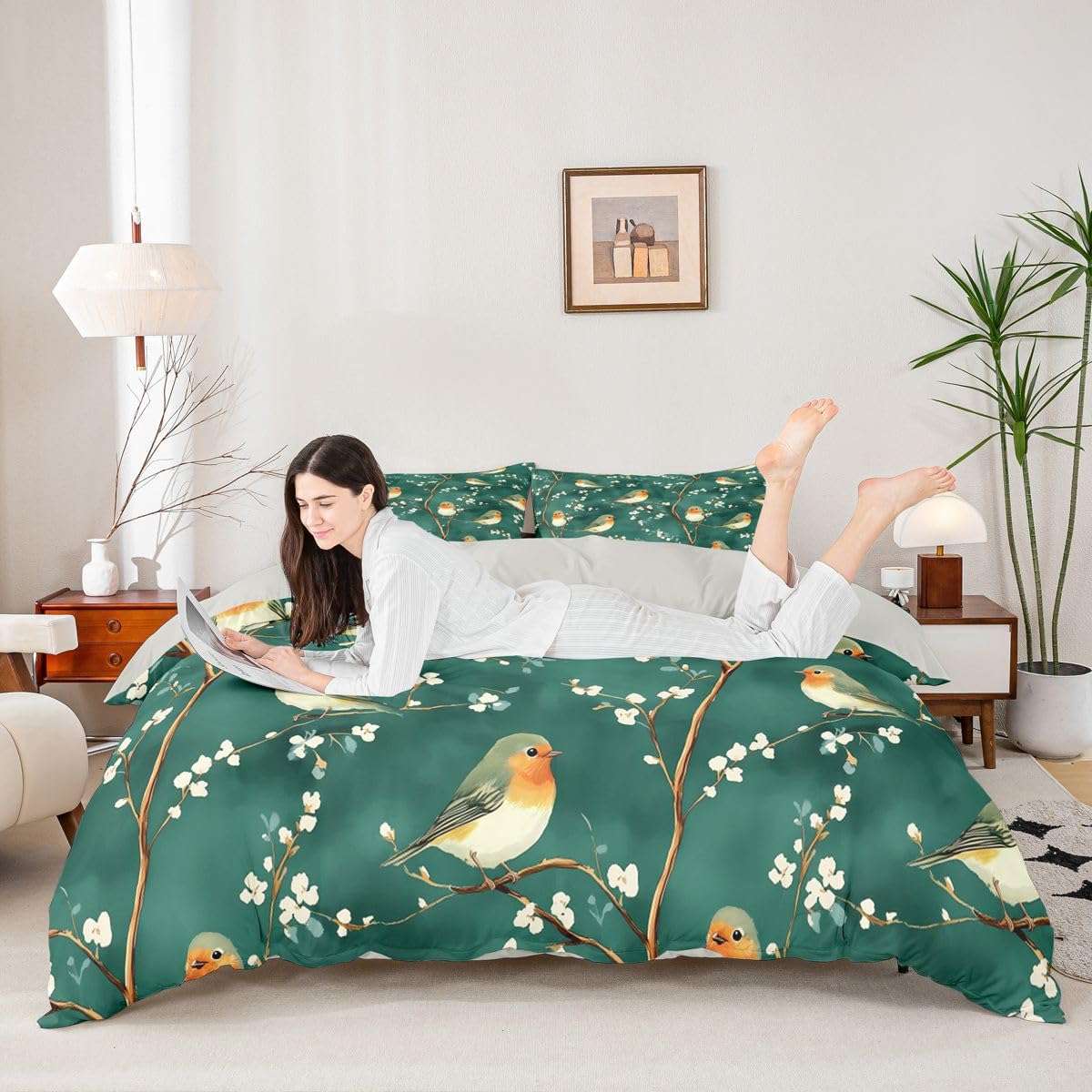 Erosebridal Bird Duvet Cover Twin Branches Comforter Cover for Kids Teens Leaves Floral Bedding Set Wildlife Animals Botanical Bed Set