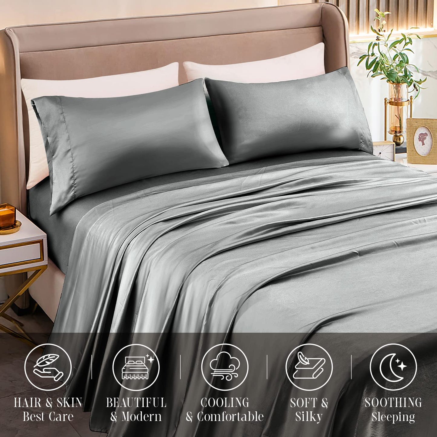Elegant Comfort Luxurious 4-Piece Silky Satin Sheet Set, Skin and Hair Friendly, Wrinkle, Fade, Stain Resistant with Deep Pockets Fitted Sheet, Cooling Soft Satin Sheet Set, Twin XL, Gray